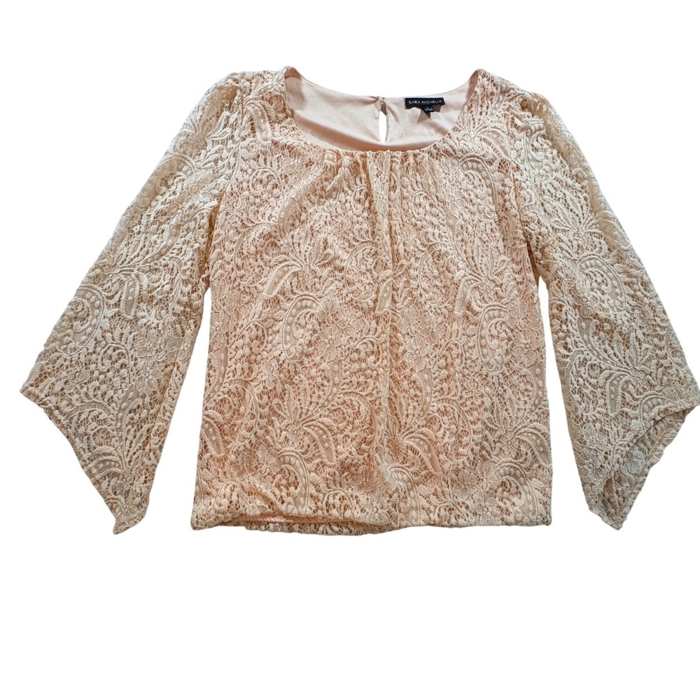 Sara Michelle Lace Blouse Womens Large Peach Floral Bell Sleeve Dressy Top